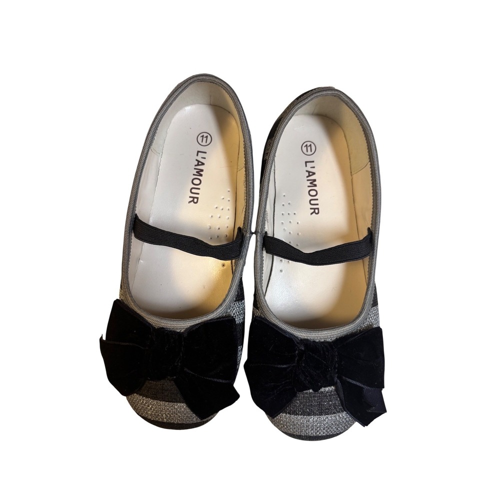 L'Amour Mary Jane Flats Girls 11 Black Silver Striped Velvet Bow Dress Shoes - Picture 3 of 10